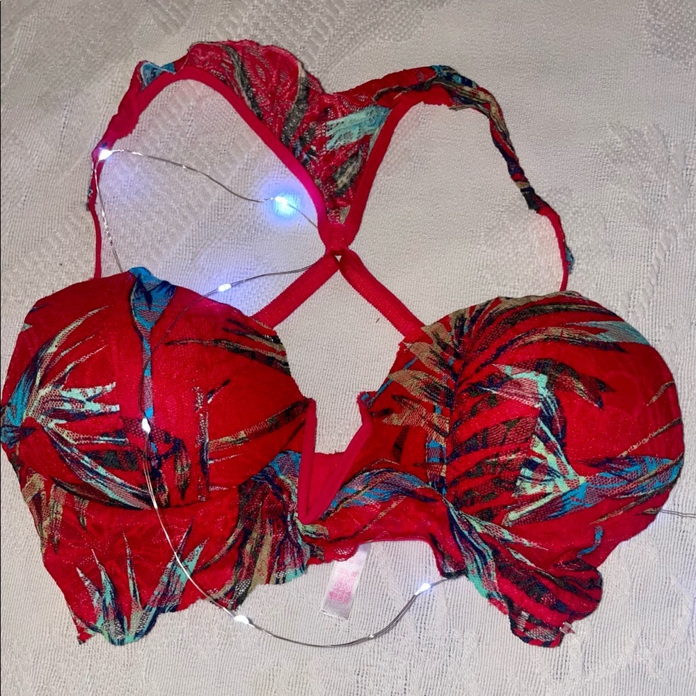 PINK Victorias Secret Red Floral Print Racerback Lace Bra